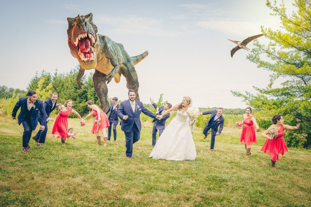 Wedding party being chased by dinosaur